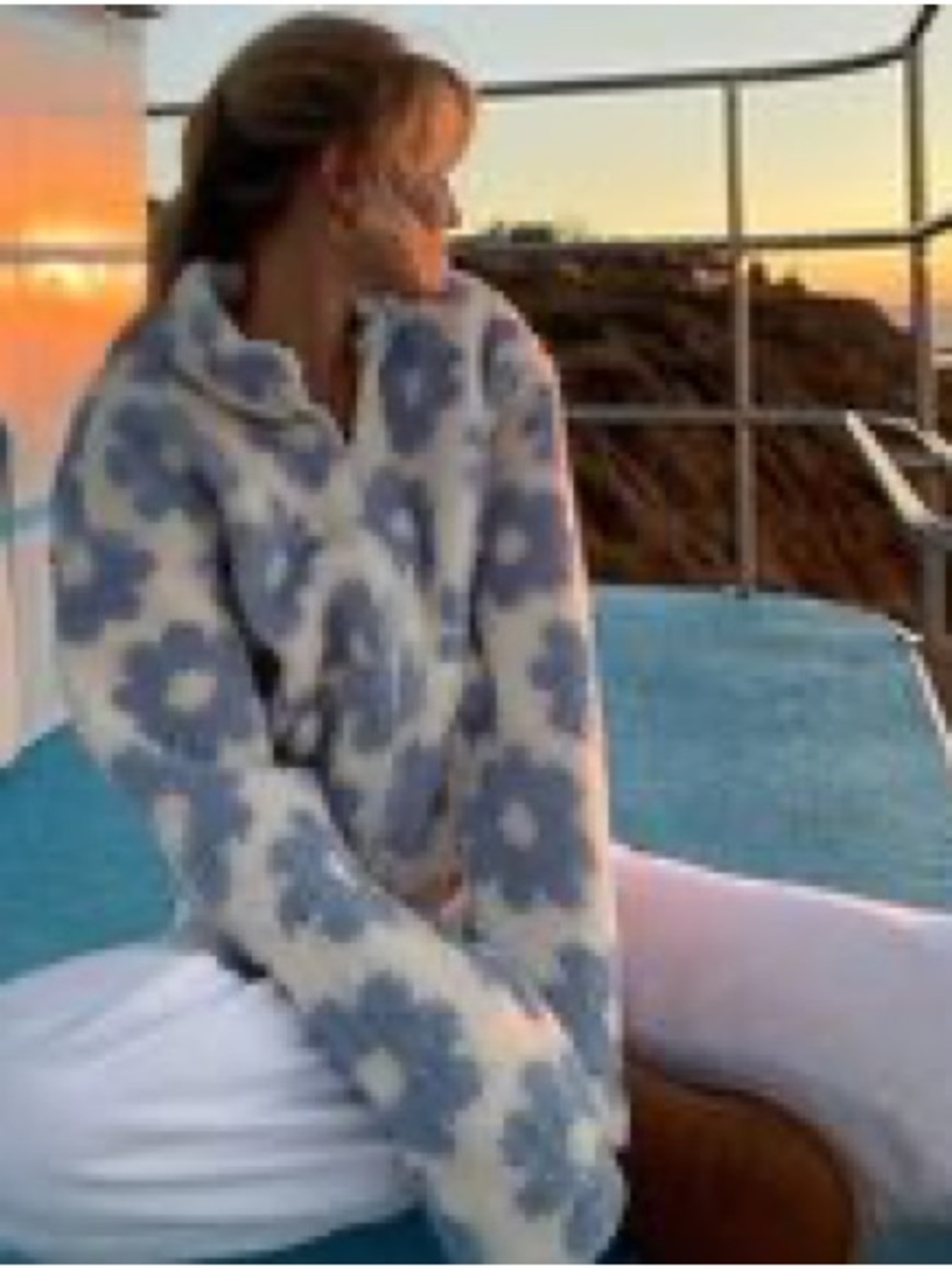 PacSun Cream and Blue Floral Sherpa Pullover Jacket